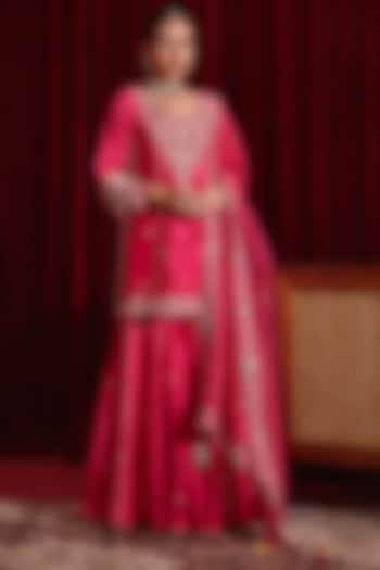Rani Pink Dupion Silk Embroidered Gharara Set by Ajiesh Oberoi