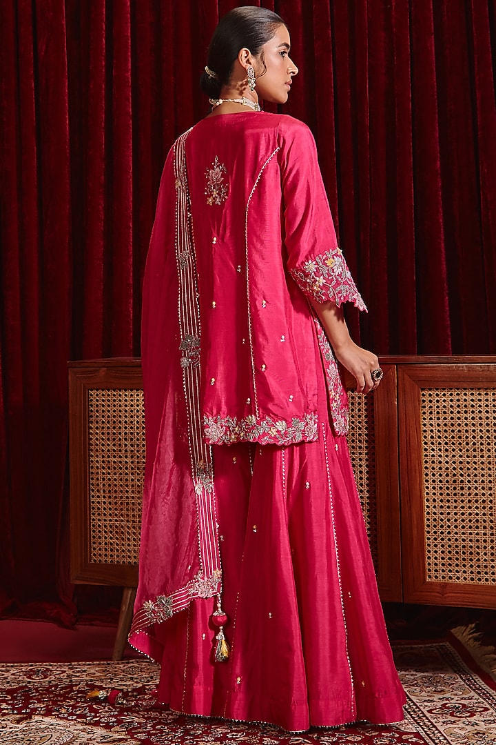 Rani Pink Dupion Silk Embroidered Gharara Set by Ajiesh Oberoi at Pernia's Pop Up Shop