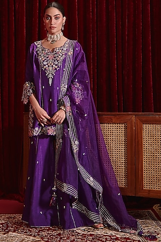 Purple Dupion Silk Embroidered Gharara Set by Ajiesh Oberoi