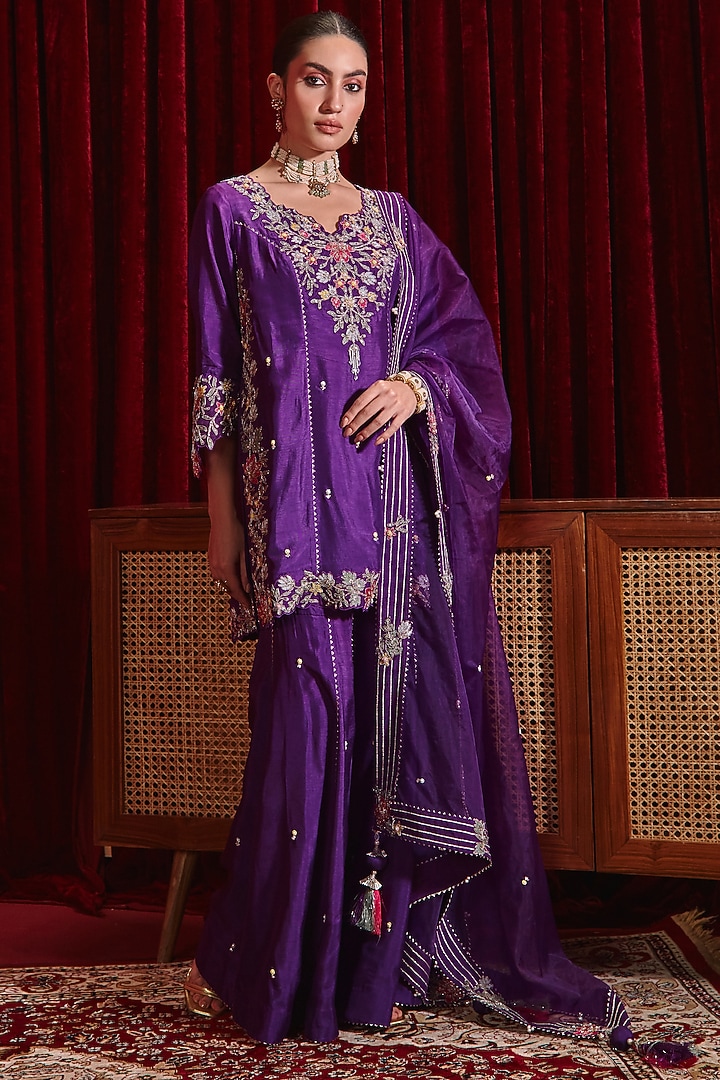 Purple Dupion Silk Embroidered Gharara Set by Ajiesh Oberoi at Pernia's Pop Up Shop