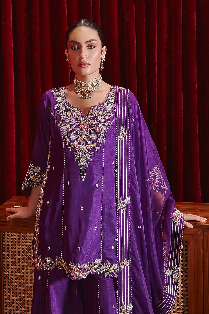 Purple Dupion Silk Embroidered Gharara Set by Ajiesh Oberoi at Pernia's Pop Up Shop