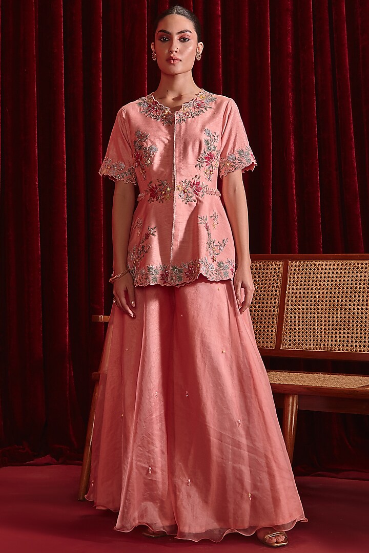 Rose Pink Dupion Silk & Organza Embroidered A-Line Jacket Set by Ajiesh Oberoi