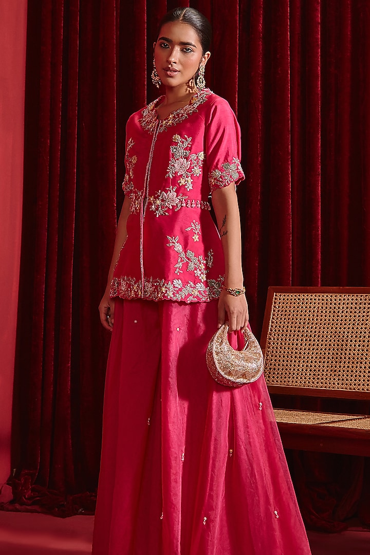 Rani Pink Dupion Silk & Organza Embroidered A-Line Jacket Set by Ajiesh Oberoi