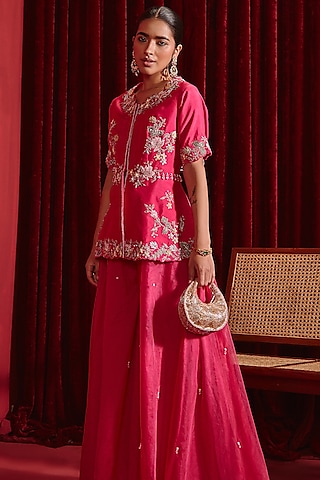 Rani Pink Dupion Silk & Organza Embroidered A-Line Jacket Set by Ajiesh Oberoi