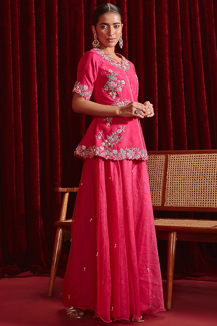 Rani Pink Dupion Silk & Organza Embroidered A-Line Jacket Set by Ajiesh Oberoi at Pernia's Pop Up Shop