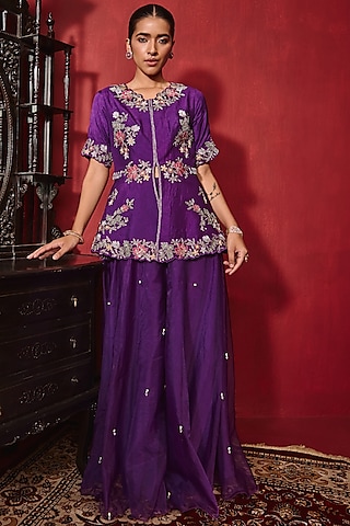 Purple Dupion Silk & Organza Embroidered A-Line Jacket Set by Ajiesh Oberoi
