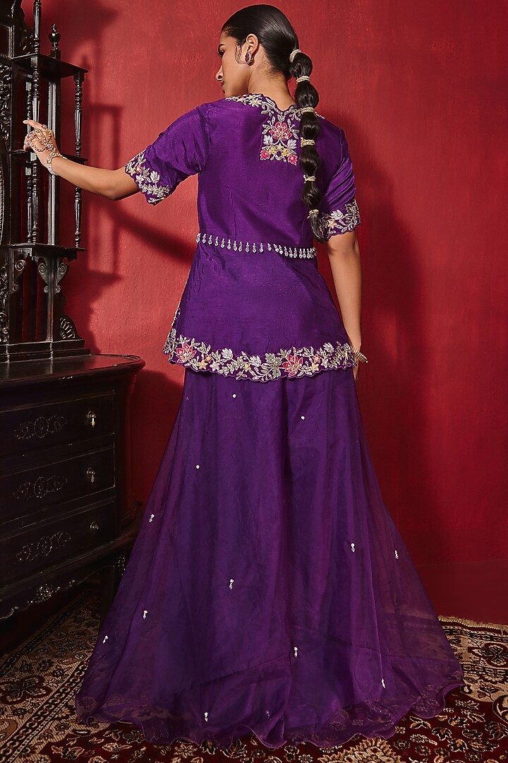 Purple Dupion Silk & Organza Embroidered A-Line Jacket Set by Ajiesh Oberoi at Pernia's Pop Up Shop