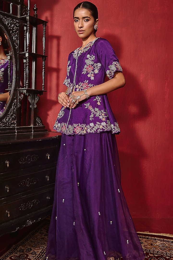 Purple Dupion Silk & Organza Embroidered A-Line Jacket Set by Ajiesh Oberoi at Pernia's Pop Up Shop