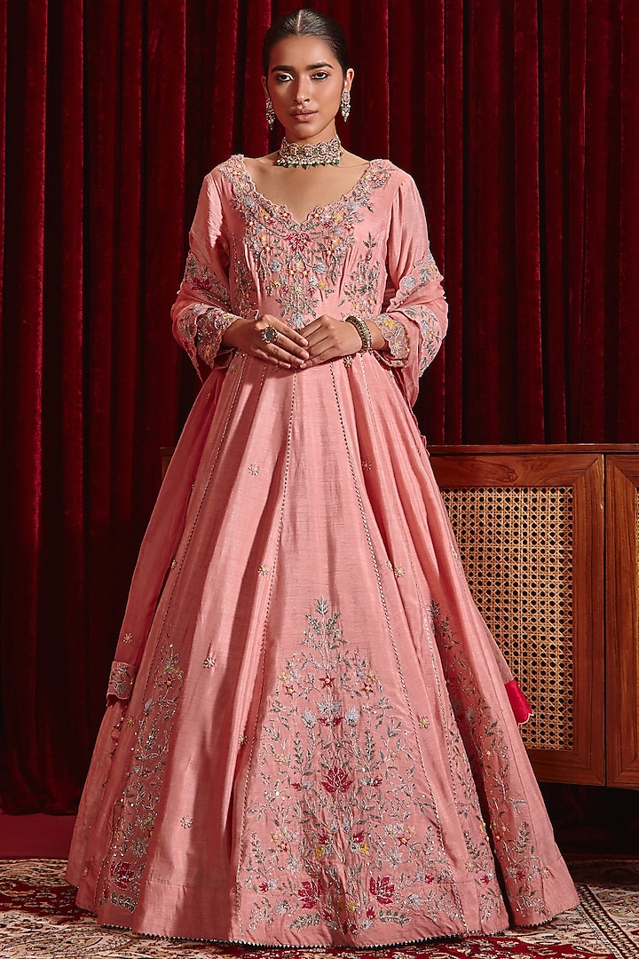 Rose Pink Dupion Silk Embroidered Anarkali Set by Ajiesh Oberoi
