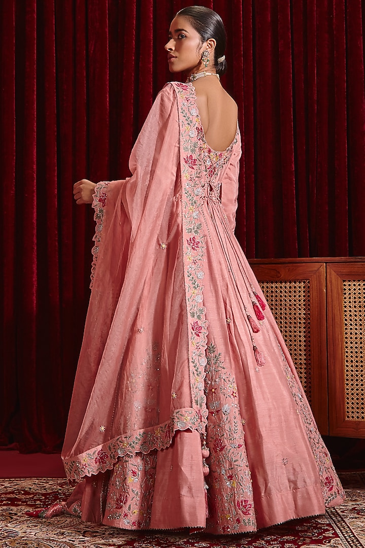 Rose Pink Dupion Silk Embroidered Bridal Anarkali Set by Ajiesh Oberoi at Pernia's Pop Up Shop