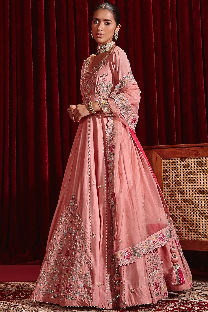 Rose Pink Dupion Silk Embroidered Bridal Anarkali Set by Ajiesh Oberoi at Pernia's Pop Up Shop