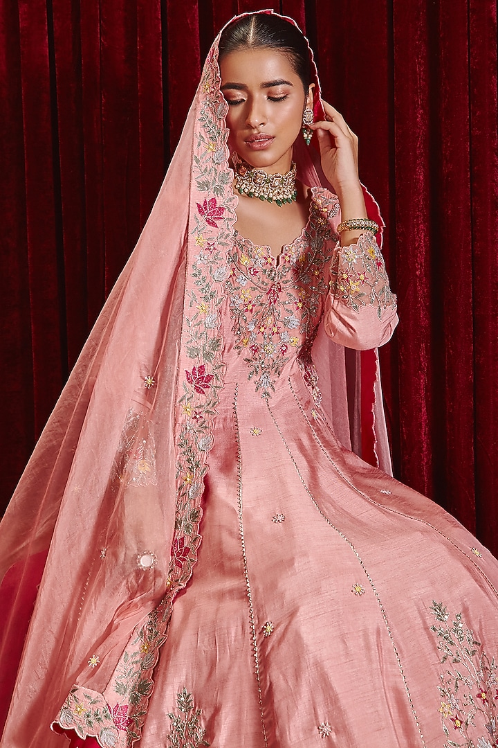 Rose Pink Dupion Silk Embroidered Bridal Anarkali Set by Ajiesh Oberoi at Pernia's Pop Up Shop