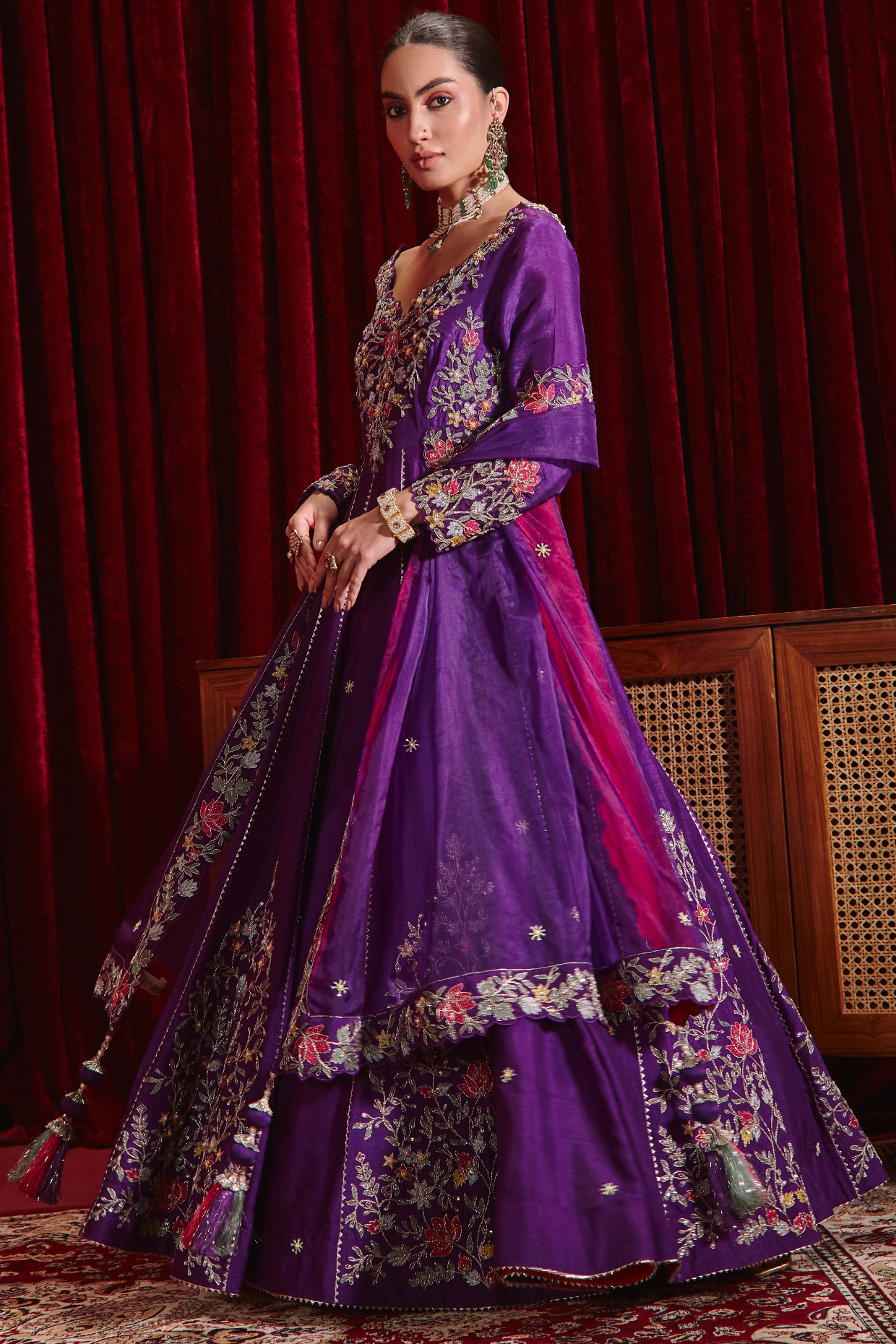 Purple Dupion Silk Embroidered Anarkali Set by Ajiesh Oberoi