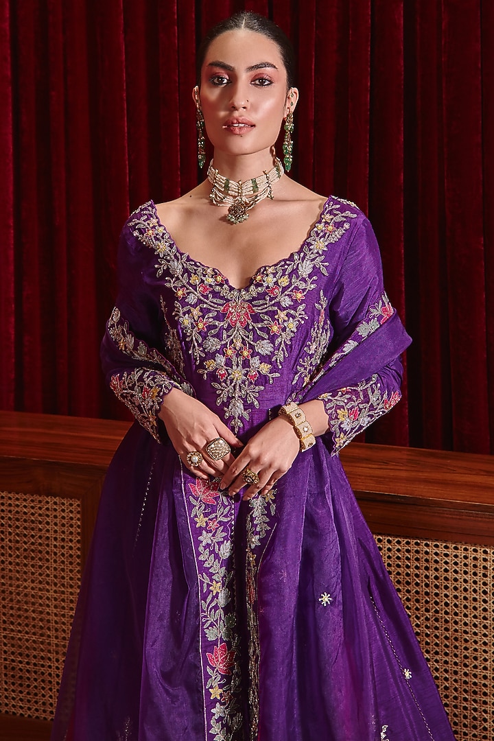 Purple Dupion Silk Embroidered Bridal Anarkali Set by Ajiesh Oberoi at Pernia's Pop Up Shop