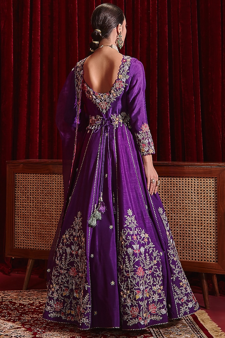 Purple Dupion Silk Embroidered Bridal Anarkali Set by Ajiesh Oberoi at Pernia's Pop Up Shop