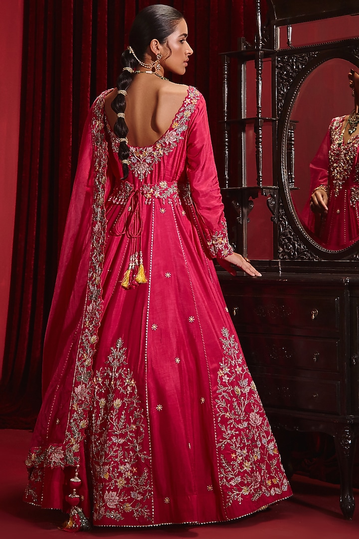 Rani Pink Dupion Silk Embroidered Bridal Anarkali Set by Ajiesh Oberoi at Pernia's Pop Up Shop