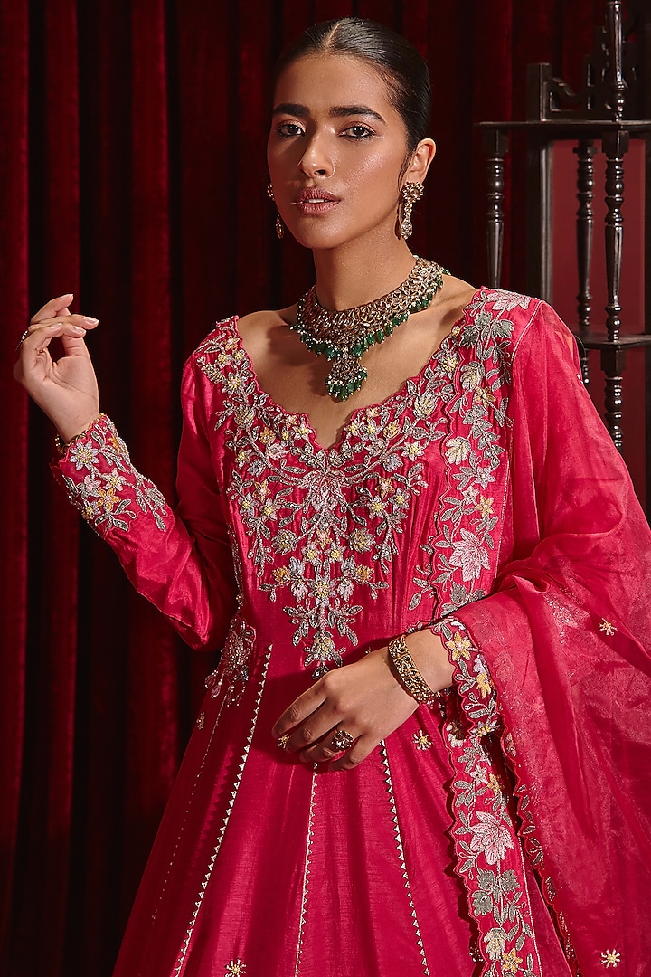 Rani Pink Dupion Silk Embroidered Bridal Anarkali Set by Ajiesh Oberoi at Pernia's Pop Up Shop