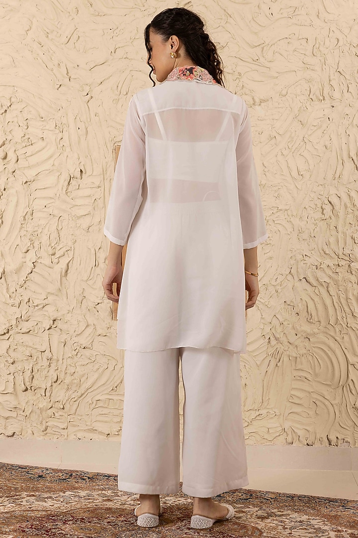 Ivory Georgette Printed & Embroidered Kurta Set by Ajiesh Oberoi at Pernia's Pop Up Shop