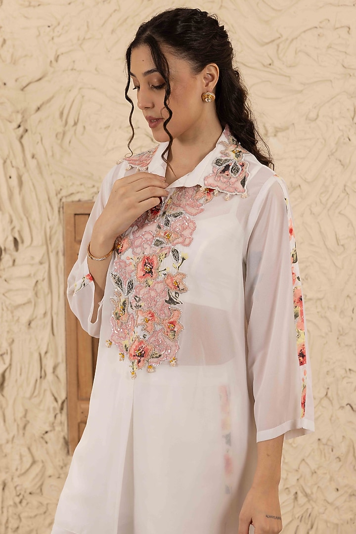 Ivory Georgette Printed & Embroidered Kurta Set by Ajiesh Oberoi at Pernia's Pop Up Shop