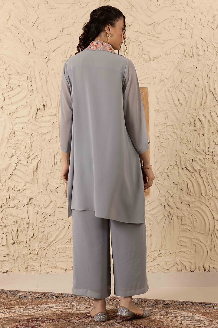 Grey Georgette Printed & Embroidered Kurta Set by Ajiesh Oberoi at Pernia's Pop Up Shop