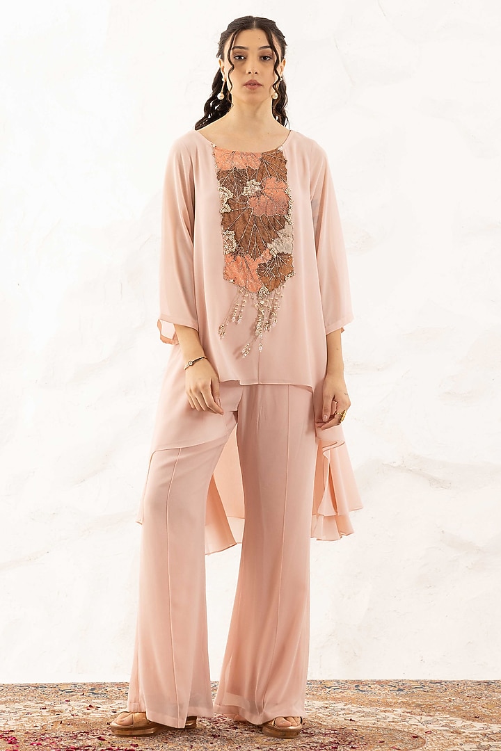 Rose Pink Georgette Applique Work Co-Ord Set by Ajiesh Oberoi at Pernia's Pop Up Shop