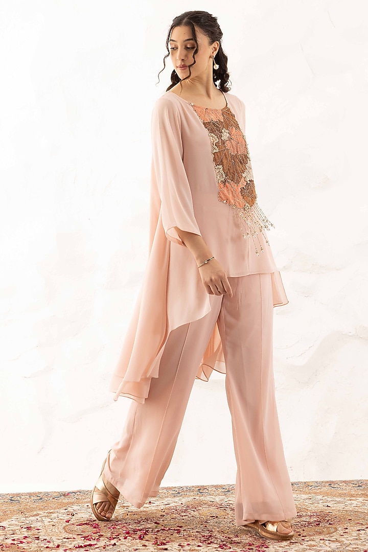Rose Pink Georgette Applique Work Co-Ord Set by Ajiesh Oberoi at Pernia's Pop Up Shop