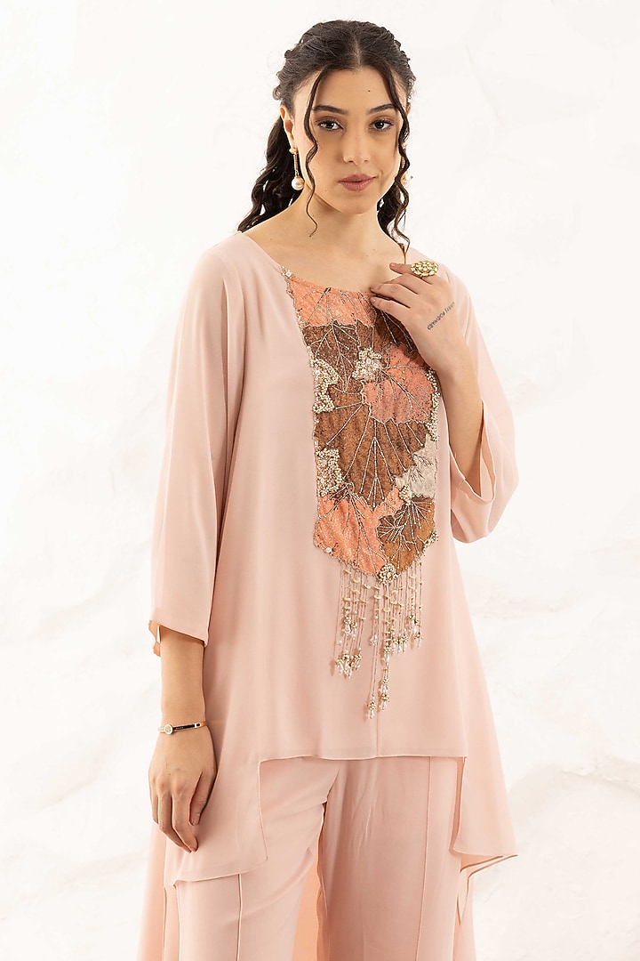Rose Pink Georgette Applique Work Co-Ord Set by Ajiesh Oberoi at Pernia's Pop Up Shop