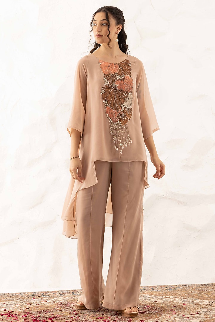 Nude Georgette Applique Work Co-Ord Set by Ajiesh Oberoi at Pernia's Pop Up Shop