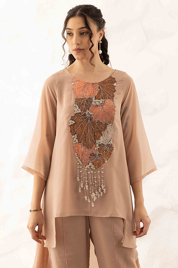 Nude Georgette Applique Work Co-Ord Set by Ajiesh Oberoi at Pernia's Pop Up Shop