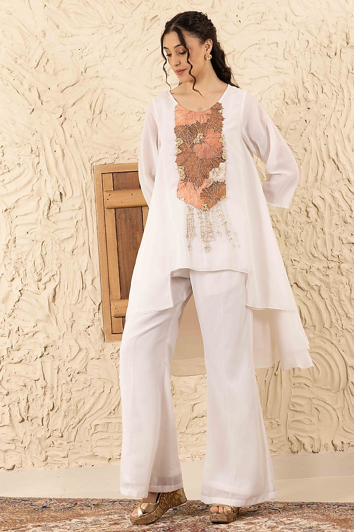 Ivory Georgette Applique Work Co-Ord Set by Ajiesh Oberoi at Pernia's Pop Up Shop