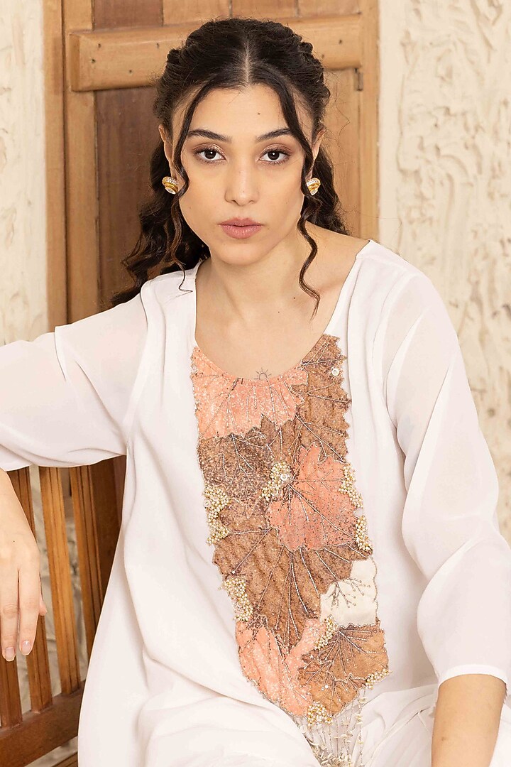 Ivory Georgette Applique Work Co-Ord Set by Ajiesh Oberoi at Pernia's Pop Up Shop