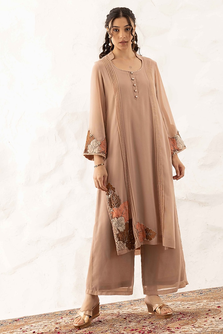 Nude Georgette Applique Work Kurta Set by Ajiesh Oberoi at Pernia's Pop Up Shop