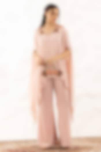 Rose Pink Georgette Applique Embroidered Layered Cape Set by Ajiesh Oberoi at Pernia's Pop Up Shop