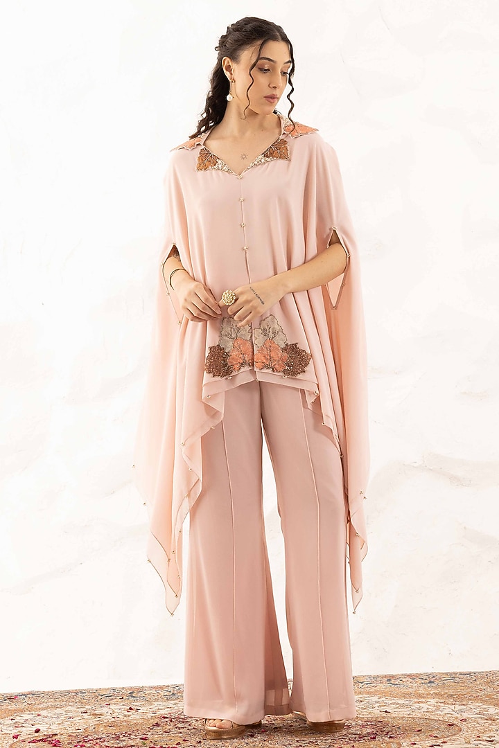 Rose Pink Georgette Applique Embroidered Layered Cape Set by Ajiesh Oberoi at Pernia's Pop Up Shop