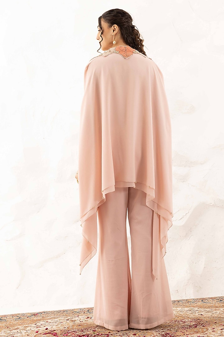 Rose Pink Georgette Applique Embroidered Layered Cape Set by Ajiesh Oberoi at Pernia's Pop Up Shop
