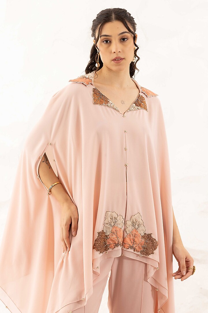 Rose Pink Georgette Applique Embroidered Layered Cape Set by Ajiesh Oberoi at Pernia's Pop Up Shop
