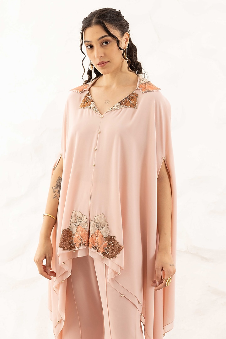 Rose Pink Georgette Applique Embroidered Layered Cape Set by Ajiesh Oberoi at Pernia's Pop Up Shop