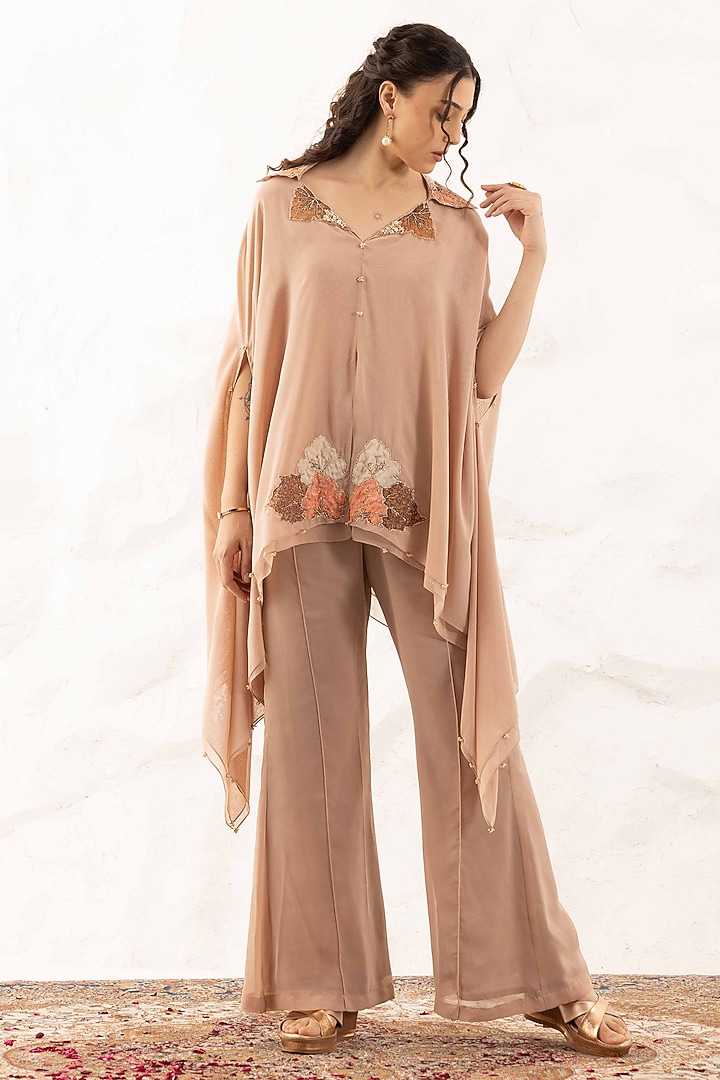 Nude Georgette Applique Embroidered Layered Cape Set by Ajiesh Oberoi at Pernia's Pop Up Shop