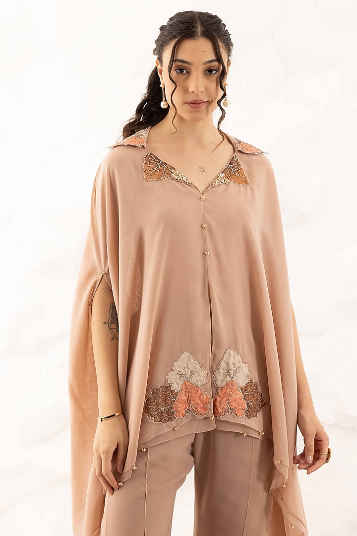 Nude Georgette Applique Embroidered Layered Cape Set by Ajiesh Oberoi at Pernia's Pop Up Shop