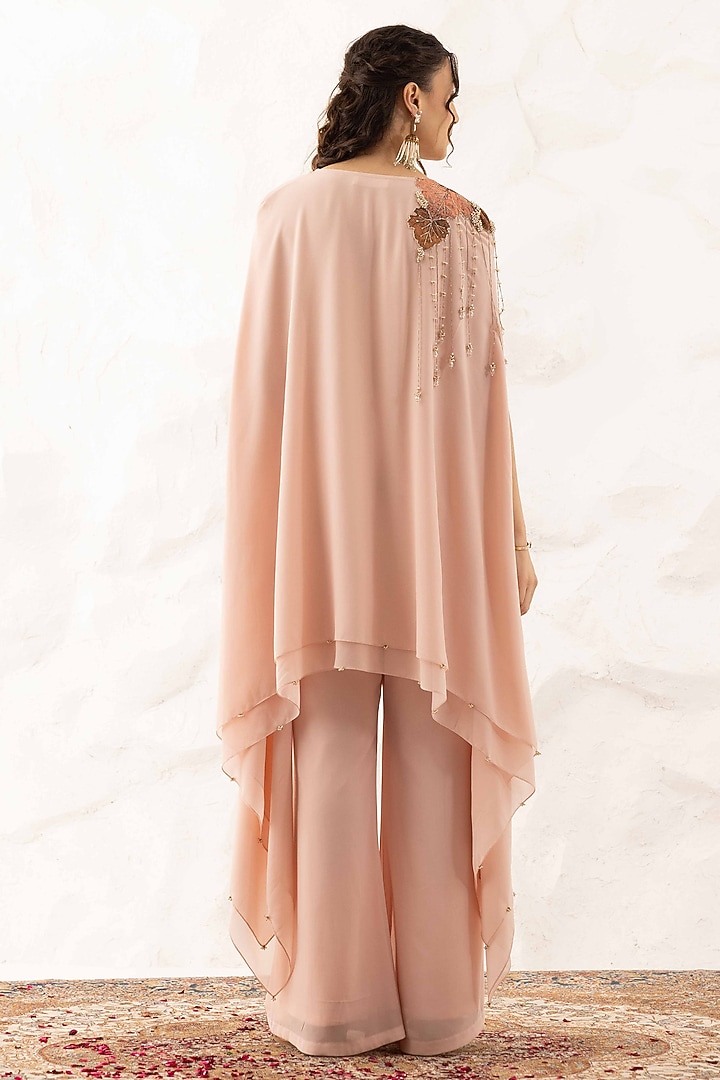 Rose Pink Georgette Applique Embroidered Layered Cape Set by Ajiesh Oberoi at Pernia's Pop Up Shop
