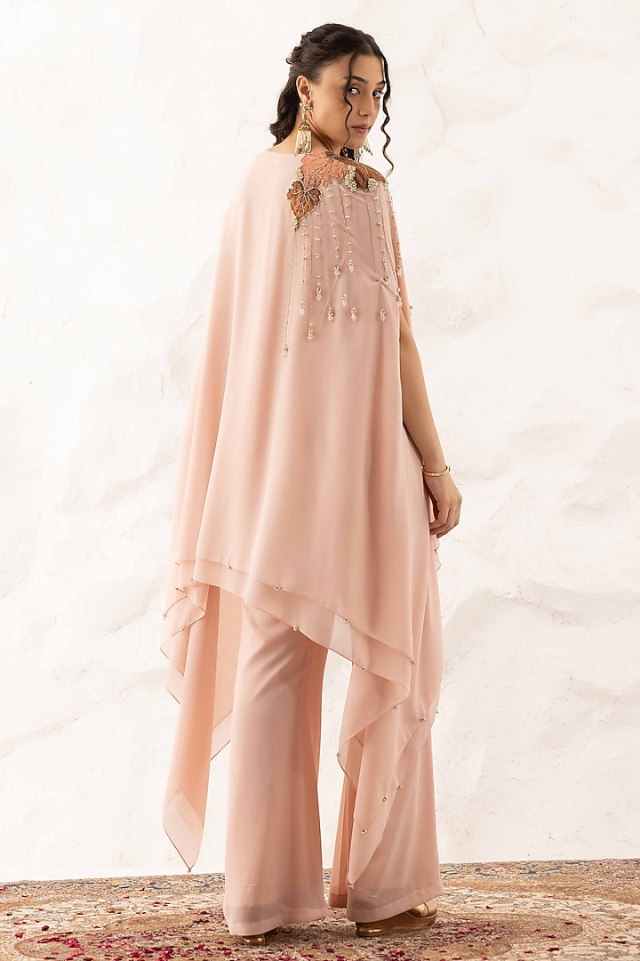 Rose Pink Georgette Applique Embroidered Layered Cape Set by Ajiesh Oberoi at Pernia's Pop Up Shop