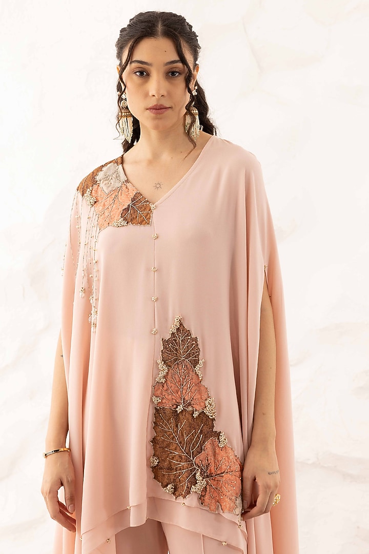Rose Pink Georgette Applique Embroidered Layered Cape Set by Ajiesh Oberoi at Pernia's Pop Up Shop