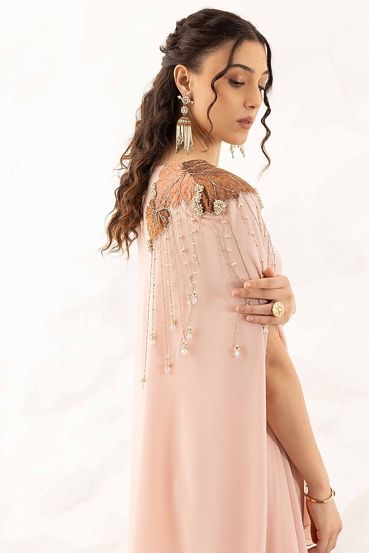 Rose Pink Georgette Applique Embroidered Layered Cape Set by Ajiesh Oberoi at Pernia's Pop Up Shop