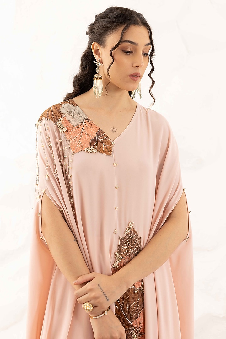 Rose Pink Georgette Applique Embroidered Layered Cape Set by Ajiesh Oberoi at Pernia's Pop Up Shop