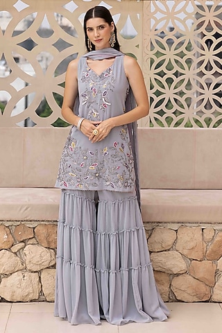 Grey Georgette Frilled Sharara Set by Ajiesh Oberoi