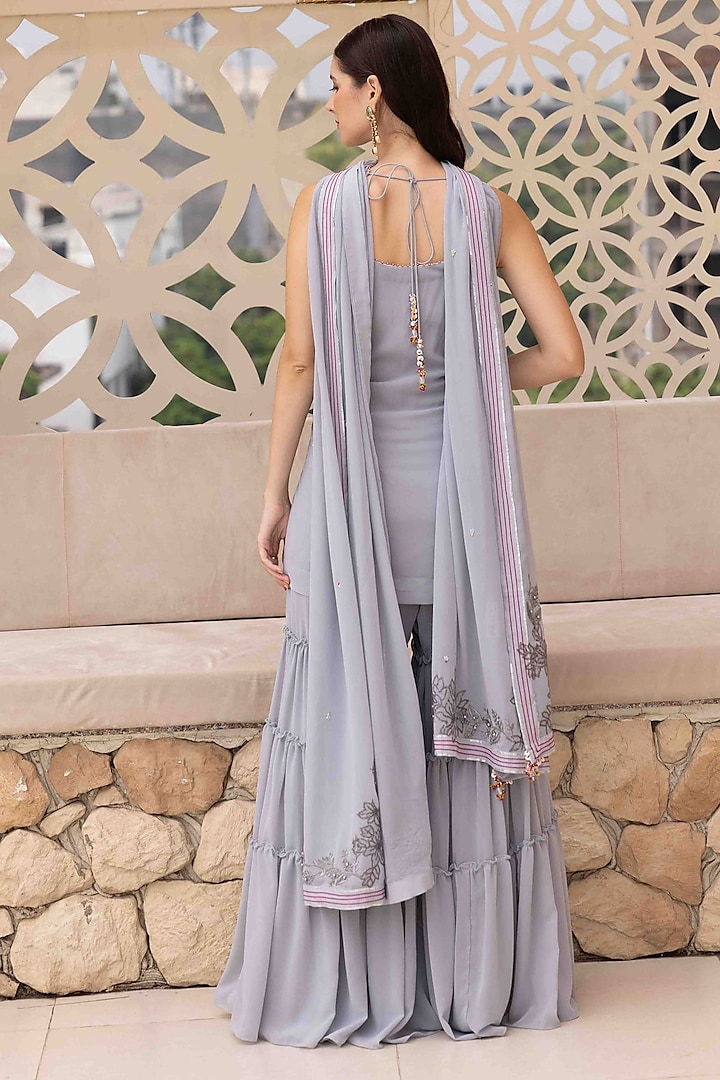 Grey Georgette Frilled Wedding Sharara Set by Ajiesh Oberoi at Pernia's Pop Up Shop