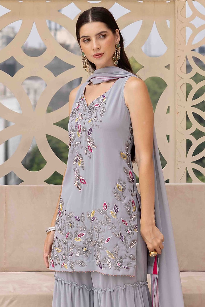 Grey Georgette Frilled Wedding Sharara Set by Ajiesh Oberoi at Pernia's Pop Up Shop
