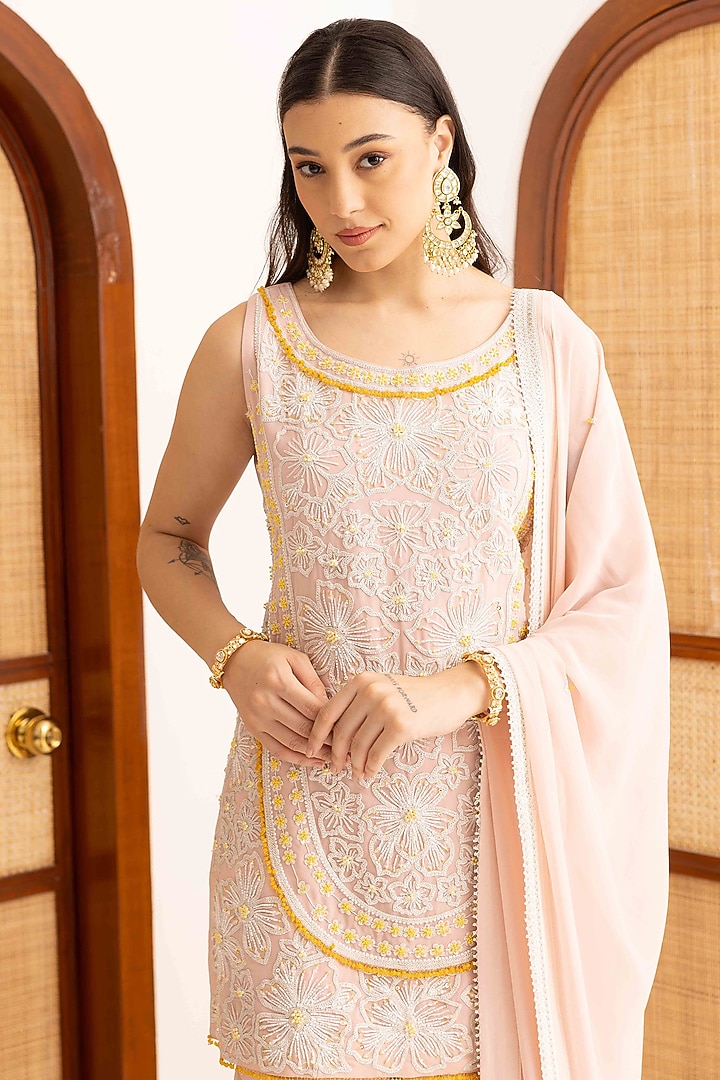 Rose Pink Georgette Frilled Wedding Sharara Set by Ajiesh Oberoi at Pernia's Pop Up Shop