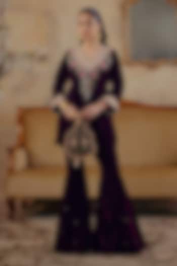 Deep Wine Velvet Party Wear Sharara Set by Ajiesh Oberoi at Pernia's Pop Up Shop
