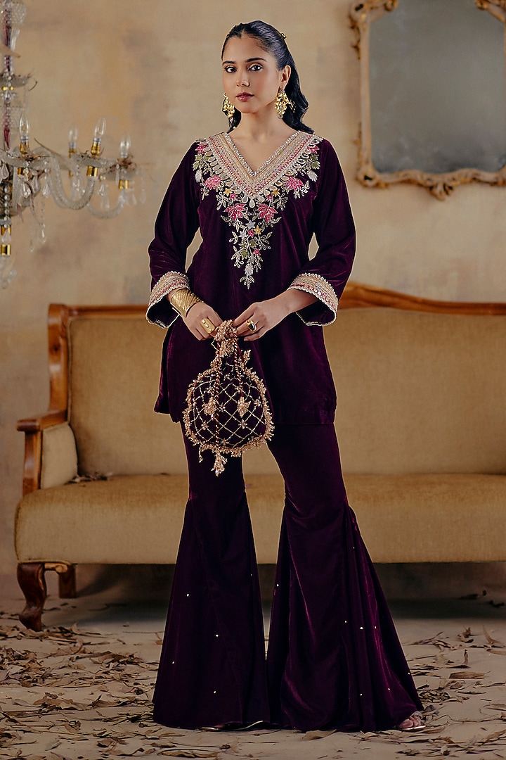 Deep Wine Velvet Party Wear Sharara Set by Ajiesh Oberoi at Pernia's Pop Up Shop